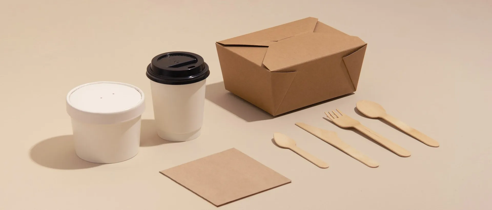 Kraft food box, paper cups, napkin and wooden cutlery